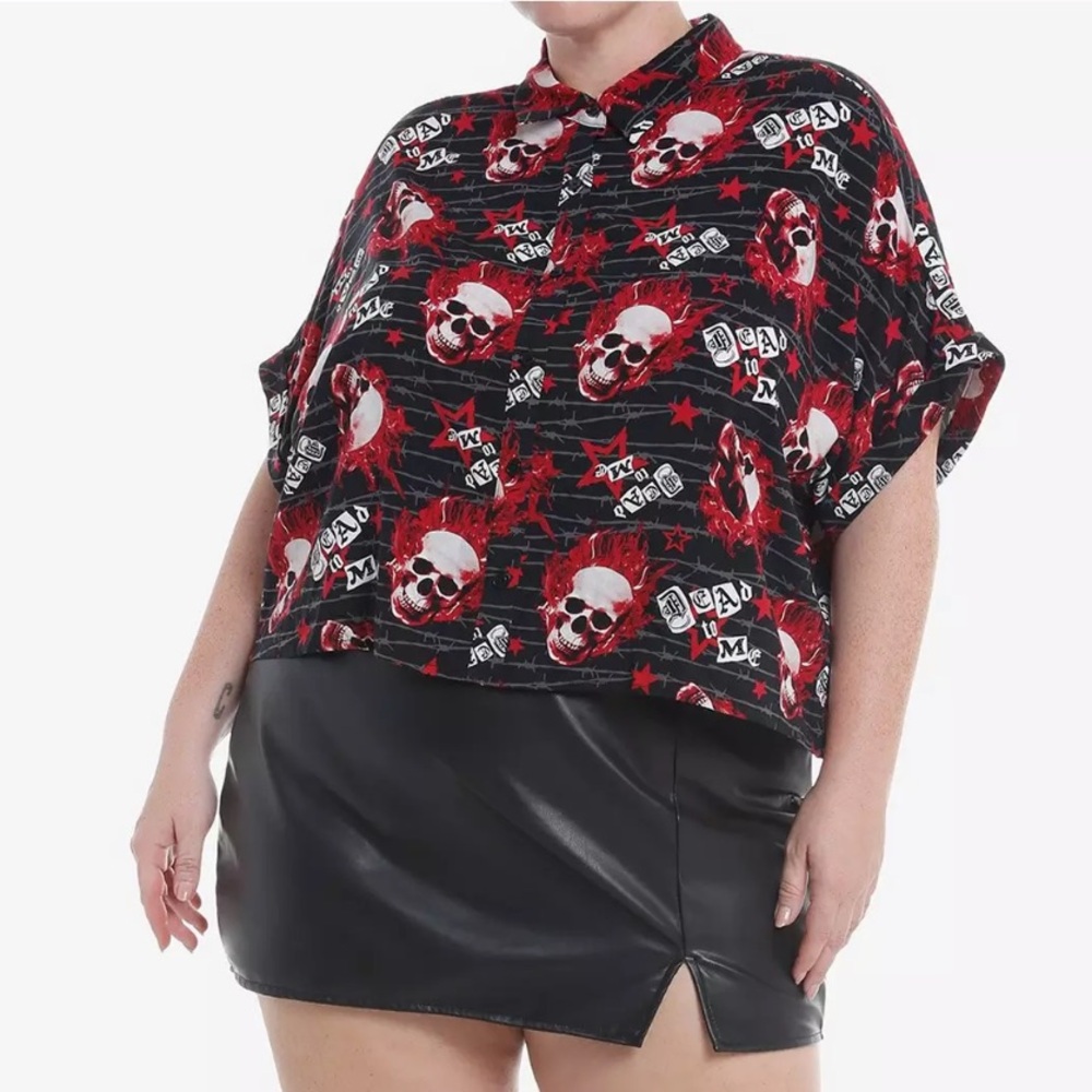 Hot Topic Social Collision Flaming Skull Goth Grunge Button Up Shirt Plus 2X 18